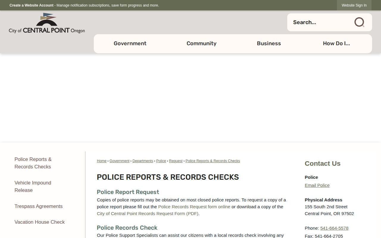 Central Point Police reports and records checks page