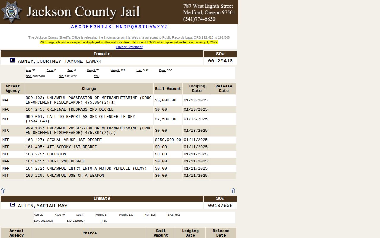 Jackson County Jail current custody roster record fields and no booking-photo notice